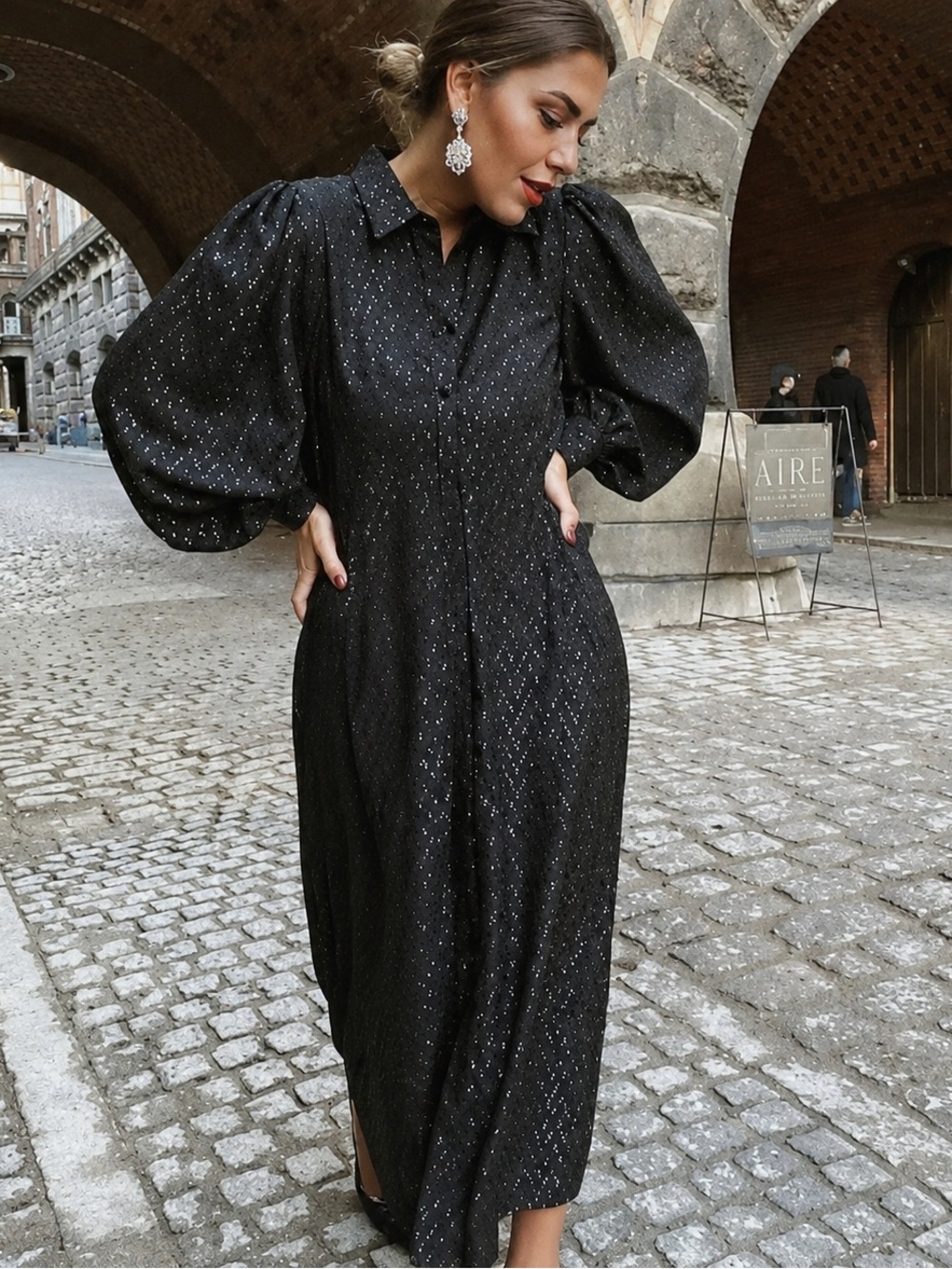 Zara Black Metallic-Thread Maxi Dress with Statement Puff Sleeves